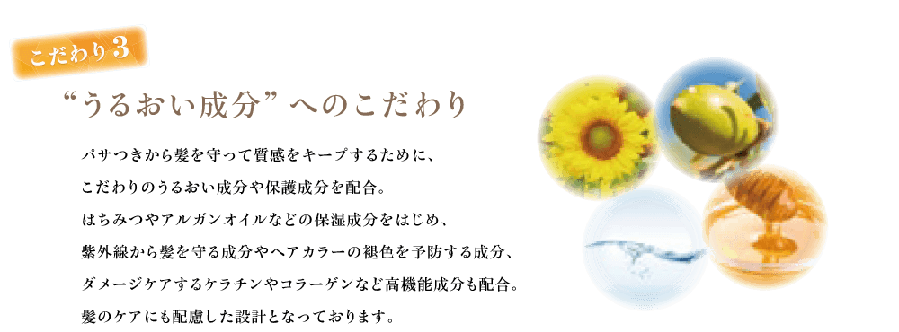 こだわり3　“うるおい成分”へのこだわり　パサつきから髪を守って質感をキープするために、こだわりのうるおい成分や保護成分を配合。はちみつやアルガンオイルなどの保湿成分をはじめ、紫外線から髪を守る成分やヘアカラーの褪色を予防する成分、ダメージケアするケラチンやコラーゲンなど高機能成分も配合。髪のケアにも配慮した設計となっております。 